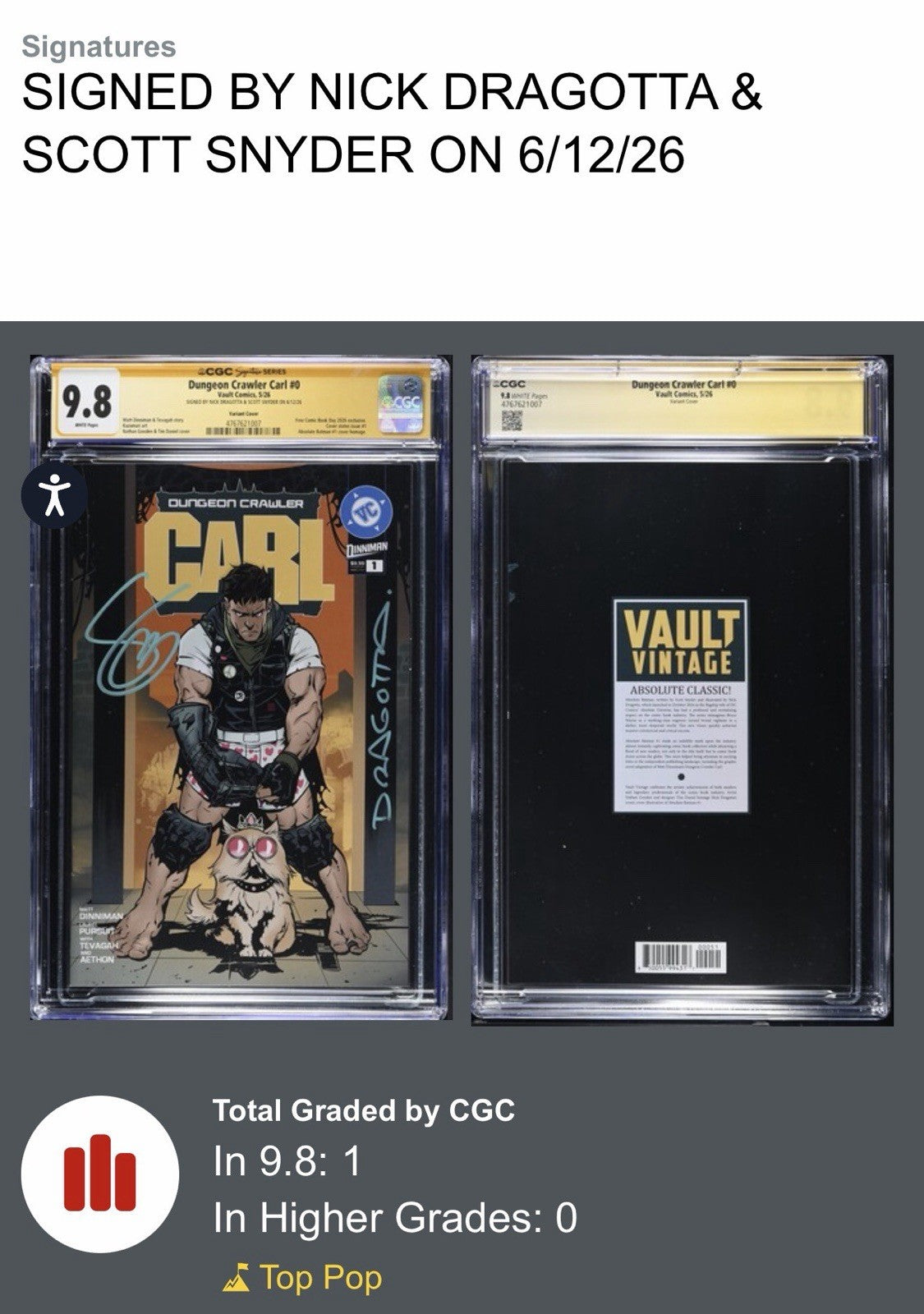 Dungeon Crawler Carl 0 CGC 9.8 POP 1! Scott Snyder Nick Dragotta 1st Print