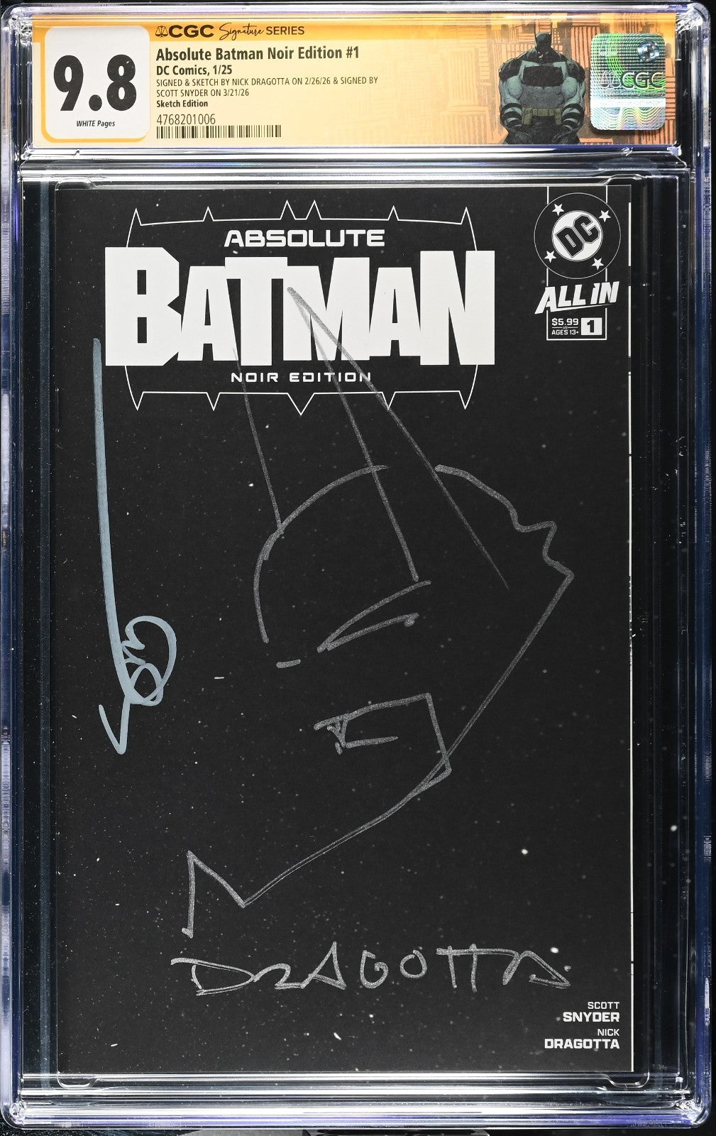 Absolute Batman Noir #1 CGC 9.8 Signed Scott Snyder Remarqued Nck Dragotta 1st P