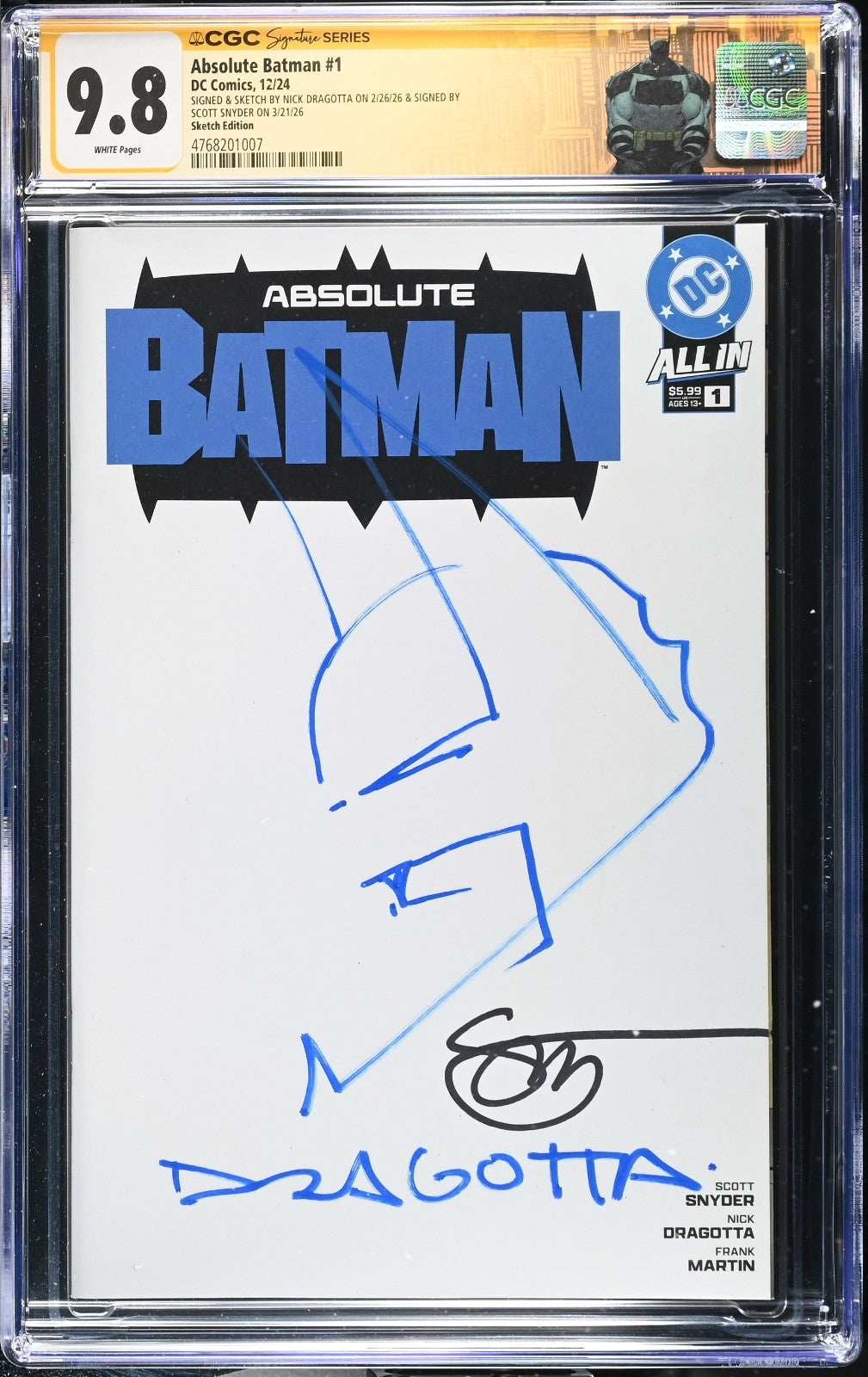 Absolute Batman #1 CGC 9.8 1st Print Signed Scott Snyder Remarqued Nick Dragotta