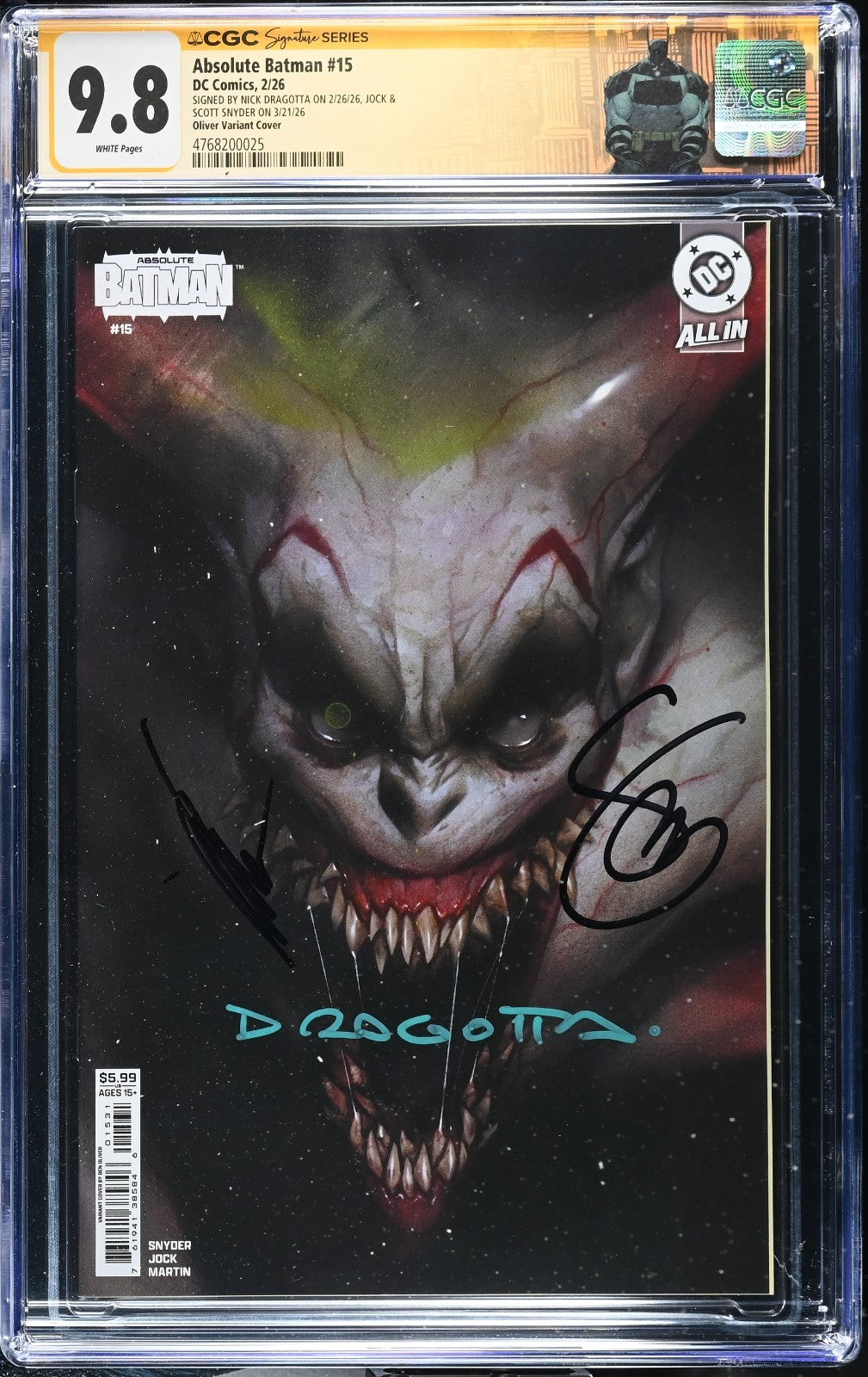 Absolute Batman #15 CGC 9.8 1st Print 3X Signed Scott Snyder Jock Nick Dragotta