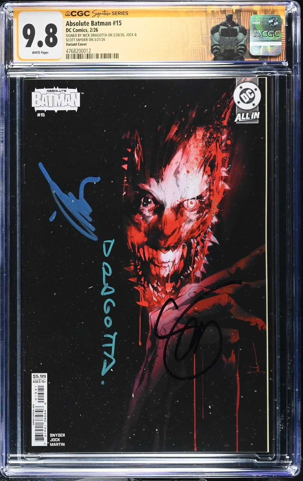 Absolute Batman #15 CGC 9.8 1st Print 3X Signed Scott Snyder Jock Nick Dragotta